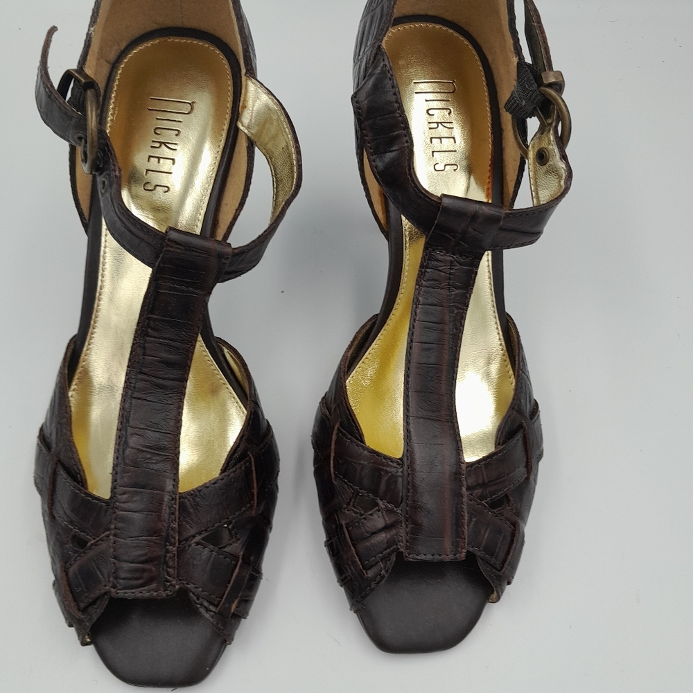 NICKELS Heels ankle strap open toe 3 1/2" heel brown alligator print. Sz7